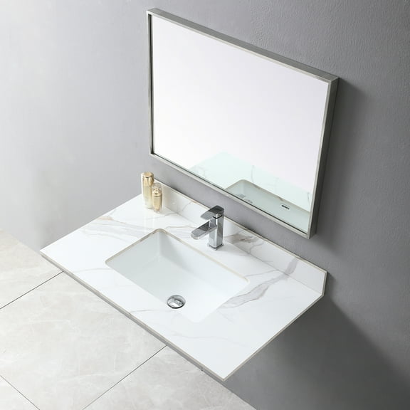 37inch Bathroom Vanity Top With Gold Sintered Stone Surface, Ceramic Rectangular Sink And Faucet Hole - Elegant Selection 37" Made Of Stone, High Touch