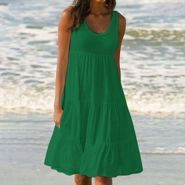 Robe Femme Col Rond Plissé Ample Sans Manches Couleur Unie