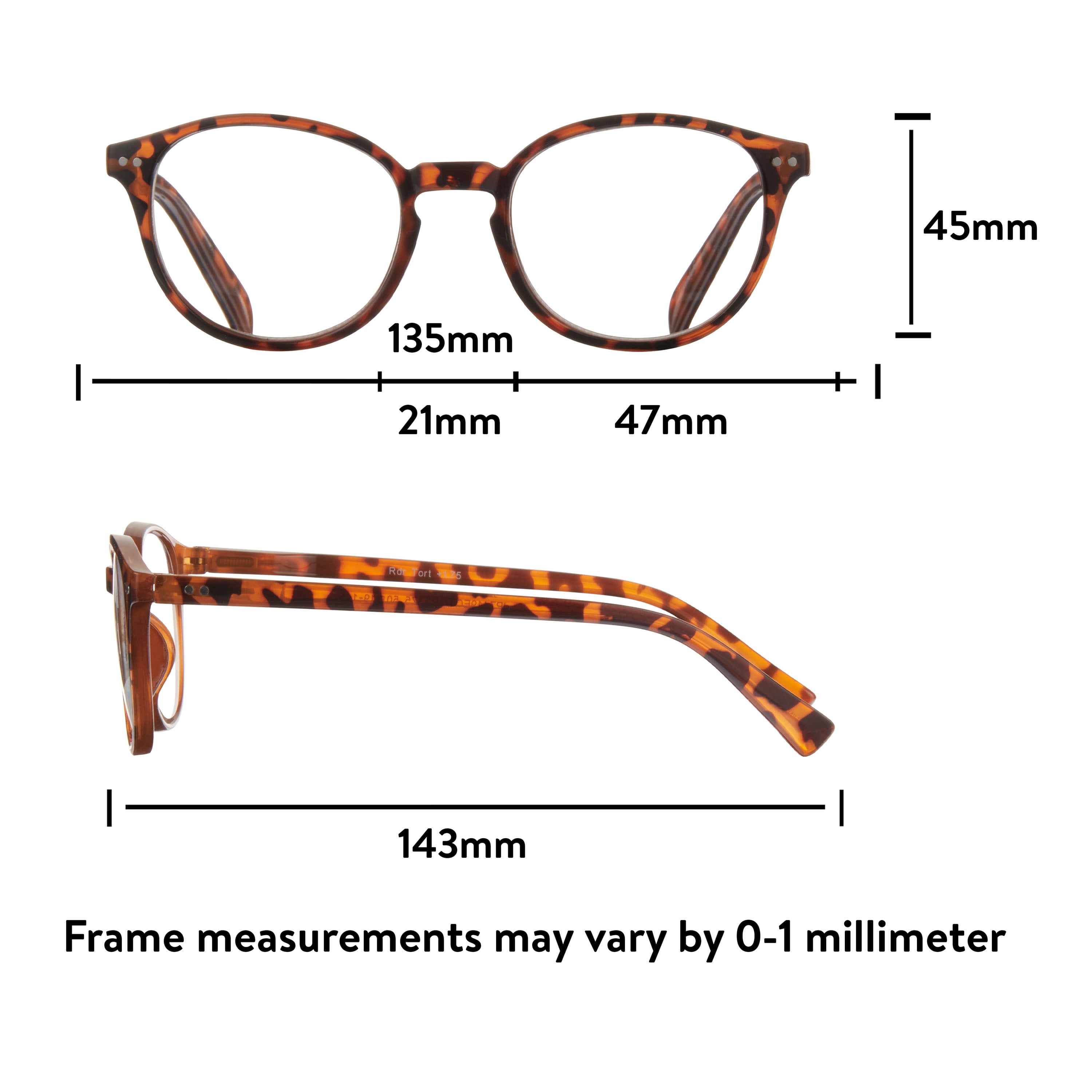 Equate Unisex Reader Glasses with Case, Plastic Lens, Tortoise Color, +1.75