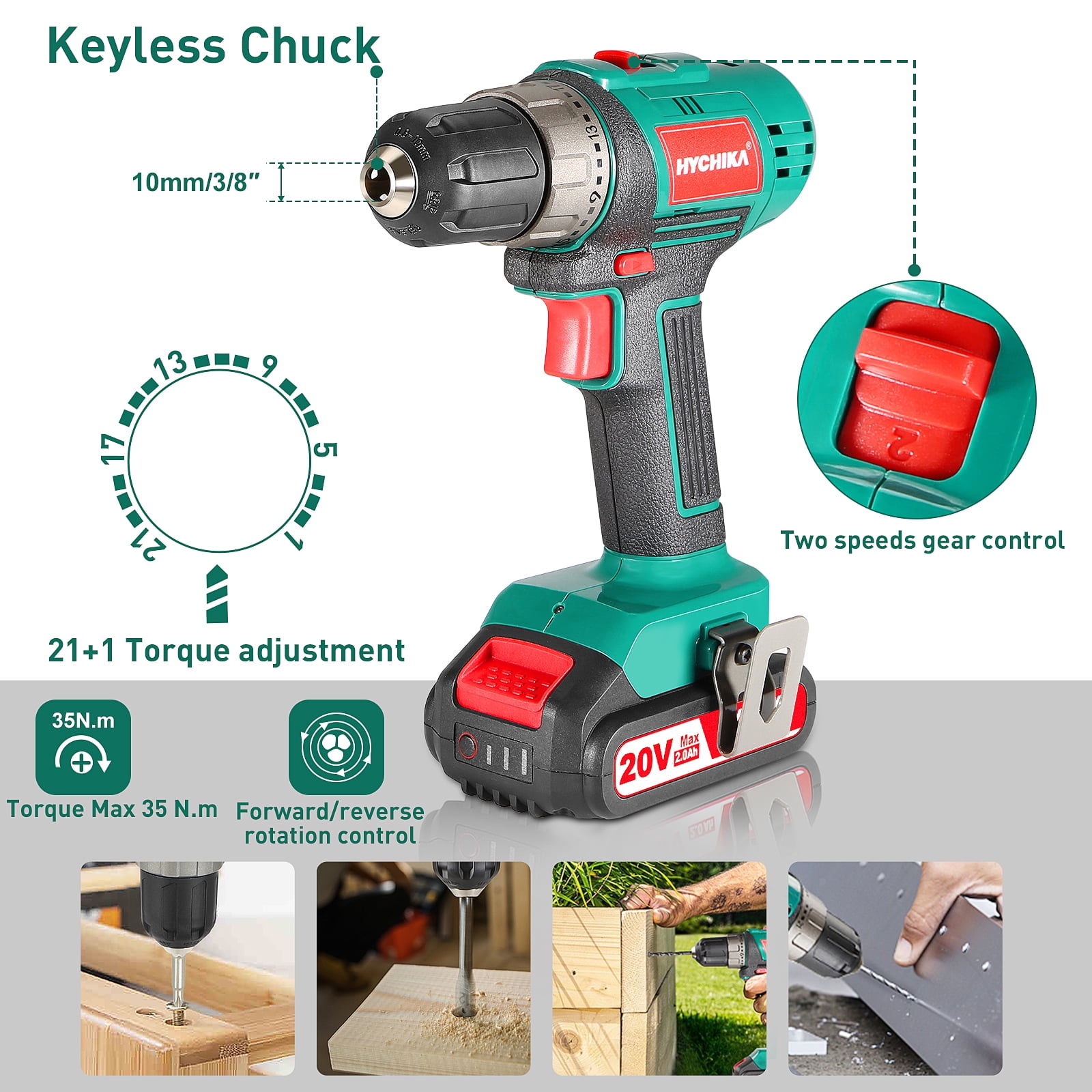 HYCHIKA 20V Home Tool Kit with Case, 104 PCS Cordless Drill Driver 
