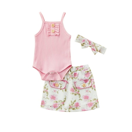 

ZIYIXIN Toddler Infant Baby Girls 3pcs Outfits Ribbed Sleeveless Sling Romper+Floral Skirt+Headband Summer Clothes Pink 12-18 Months