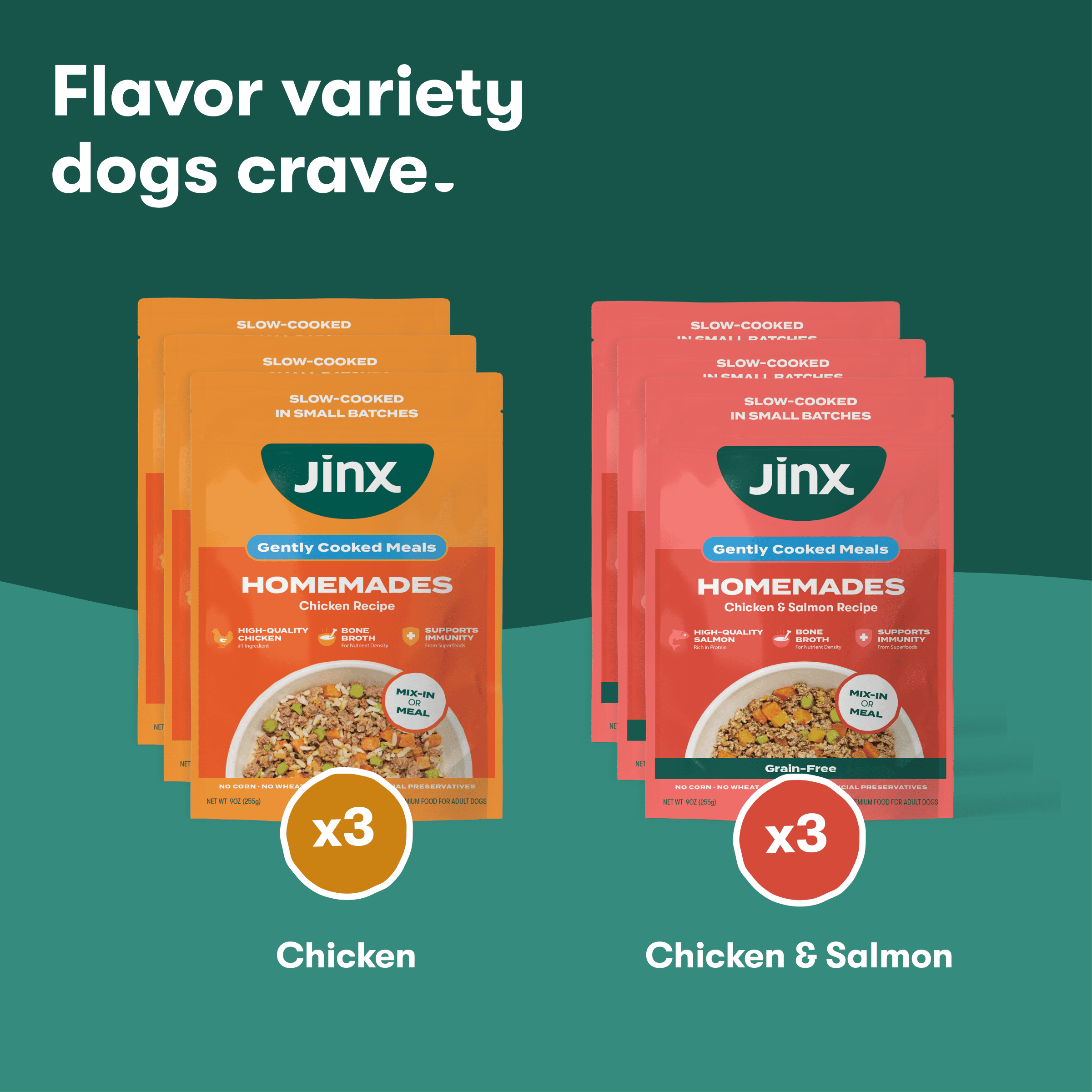 Jinx Homemades Chicken & Chicken/Salmon Recipe Wet Dog Food Meal Topper Variety Pack, 3 oz Pouch, 6pk
