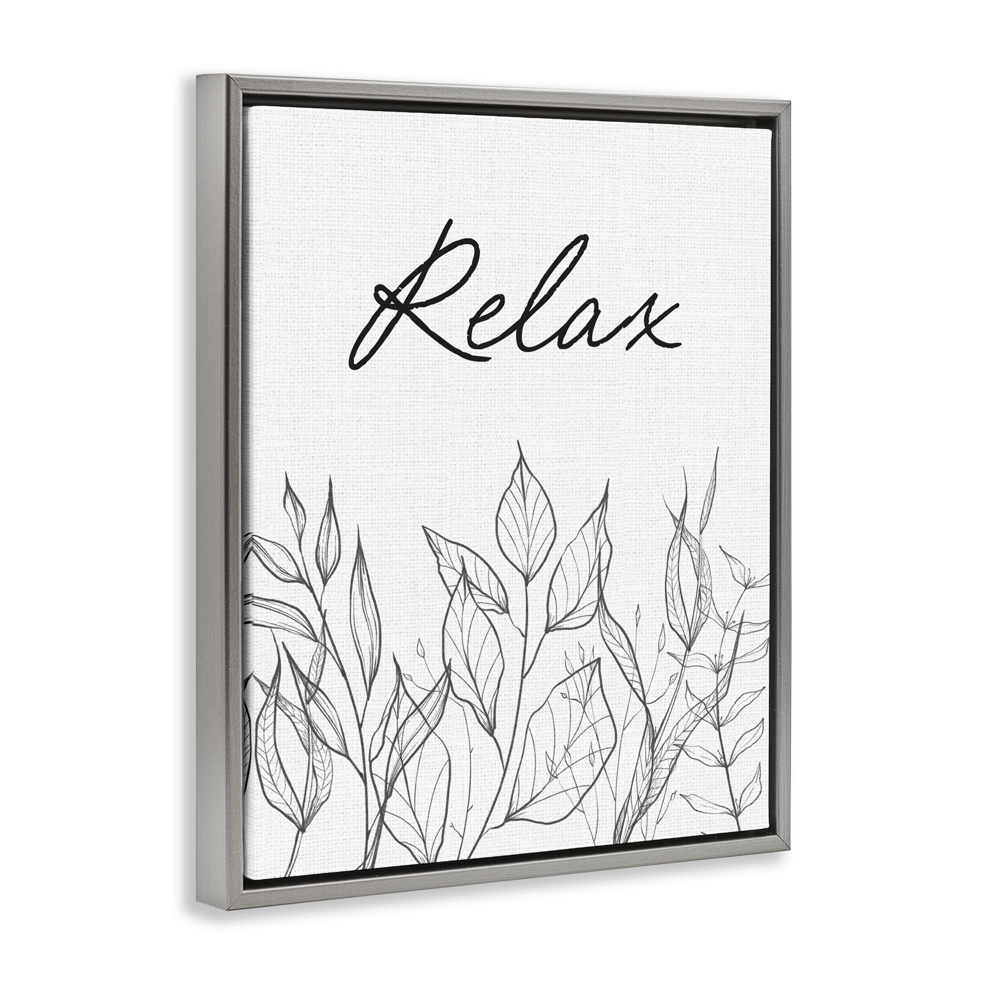 Relax with Leaf Outlines Gray Framed Floater Canvas Wall Art, design by Lettered and Lined