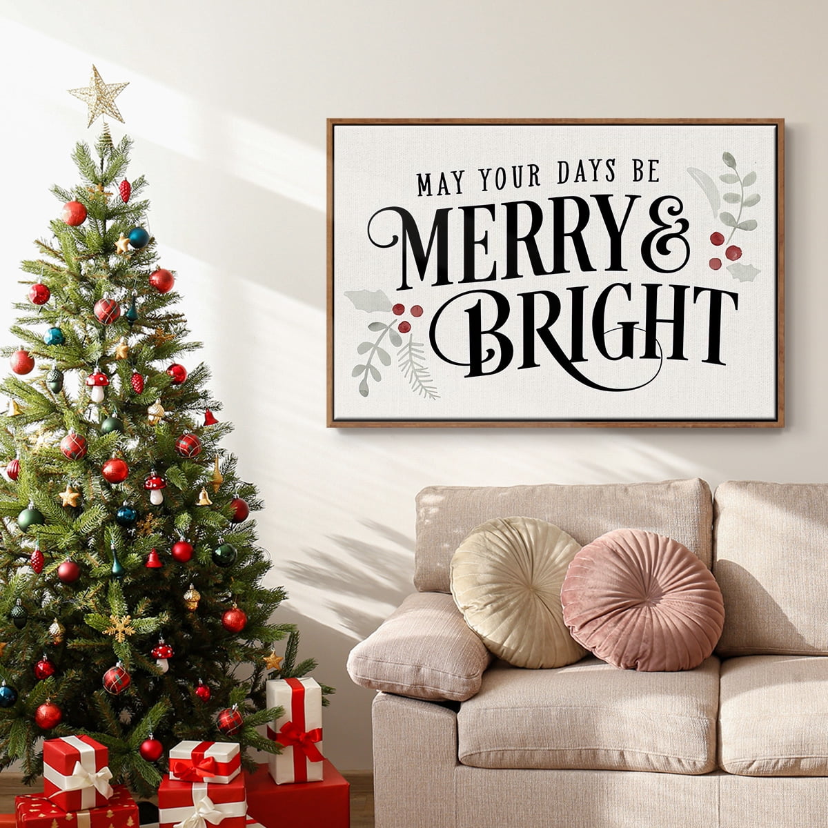 Merry Sentiment II - Framed Gallery Wrapped Holiday Canvas - 27 x 41 - Rosewood Frame