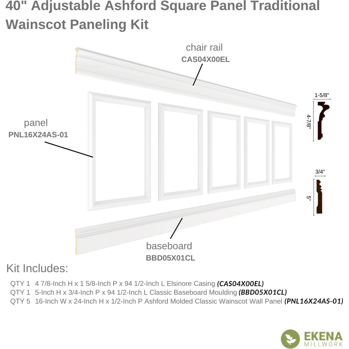 Ekena millwork 94 1/2"L (Adjustable 40"H to 44"H) Ashford Square Panel Traditional Wainscot Paneling Kit