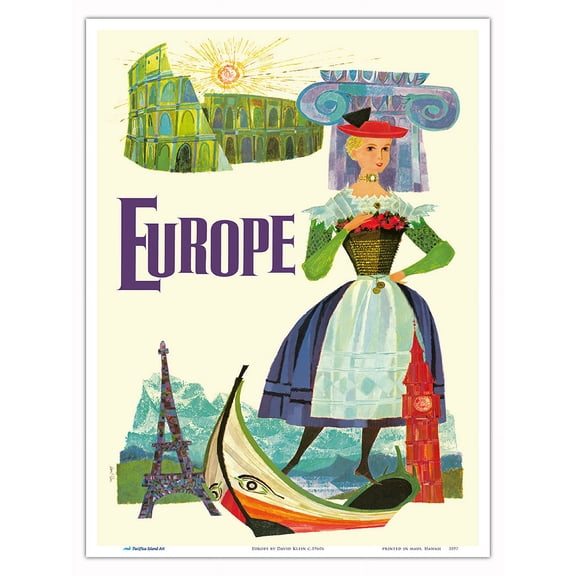 Europe - Vintage Travel Poster by David Klein c.1960s - Master Art Print (Unframed) 9in x 12in