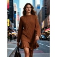thumbnail image 4 of Women Cable Knit Sweater Dress Crewneck Long Sleeve Pleated Mini Dress Twofer Style Patchwork Dress Caramel Color S, 4 of 9