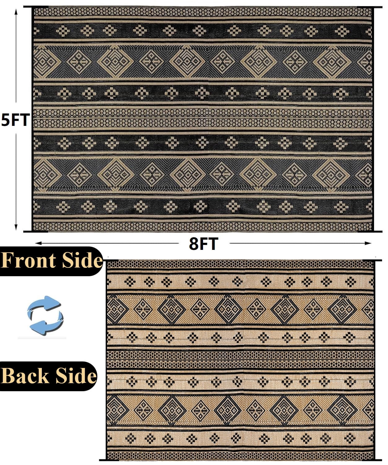 5'x8' Outdoor Rugs, Yamaziot Waterproof Plastic Patio Rug, Reversible Outdoor Mats for RV Camping Picnic Garden Backyard Balcony Porch Beach, Black