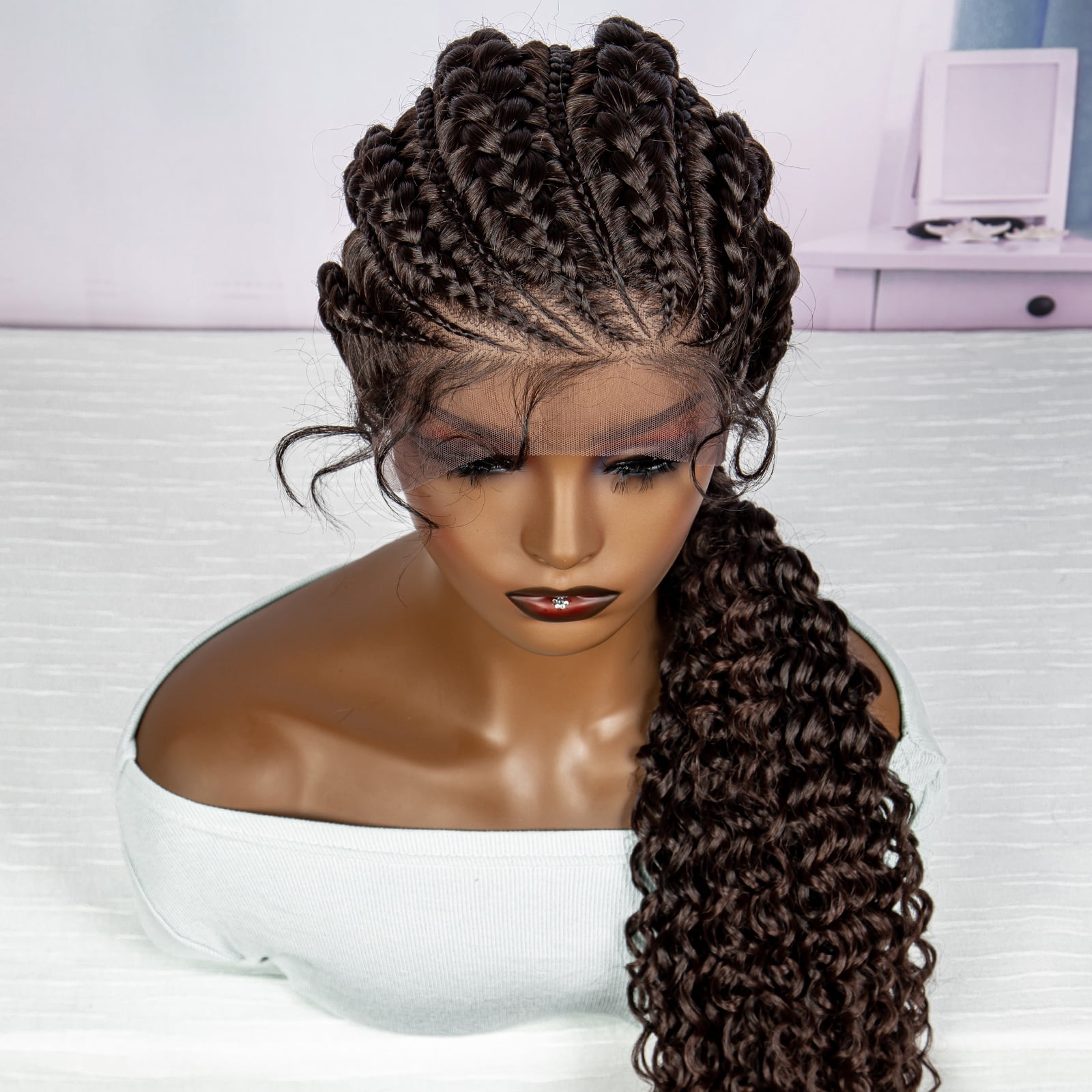 28 Inches Lace Frontal Synthetic Braided Wigs Lace Front Braided Ponytail Wig Natural Knotless with Baby Hair for Black Women Daily Use (1B/33 Color)