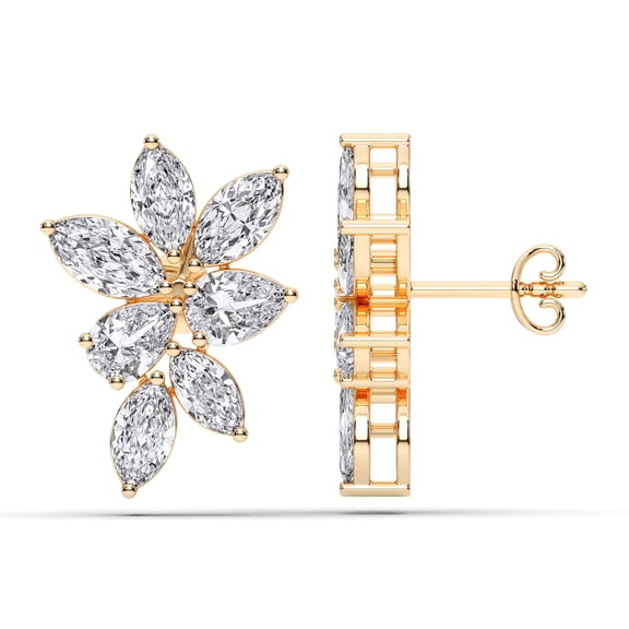 KEEVA JEWELS 4.20 Carats Moissanite Flower-Shaped Cluster Stud Earrings with Push-Back for Women, Made in Yellow Gold Plated Silver.