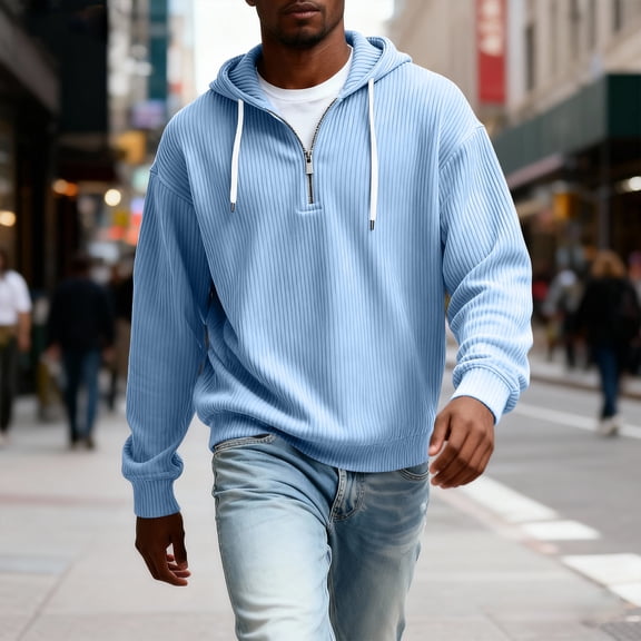Dwelliawo Mens Hoodies Long Sleeve Waffle Knit Drawstring Solid Color Fashion Sweatshirt Quarter Zip Casual Winter Fall Hoodie Pullover with Hood Sky Blue M