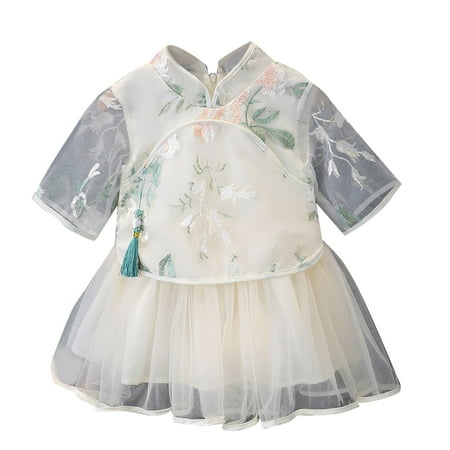 

Qufokar Spring Outfit Toddler Girl Size 6 Dress Summer Small And Medium Sized Girls Retro Embroidery Fashion Short Sleeved Mesh Princess Dress Girls Cat Dress