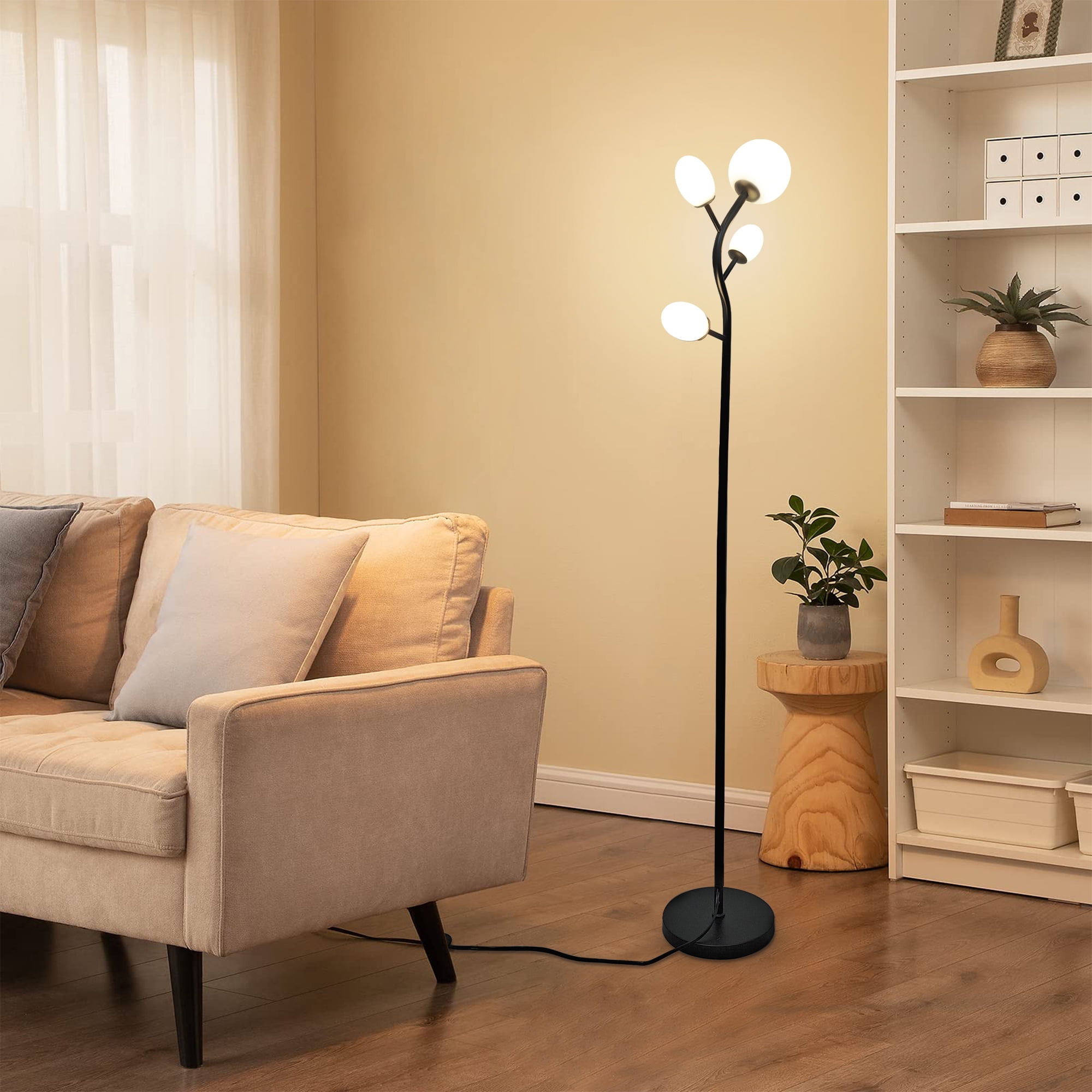 GCGAFUL 4-Light Glass Floor Lamp for Living Room, Modern Black Tree-Style Standing Lamp with Weighted Base, 3000K Warm Soft Light for Bedroom Office