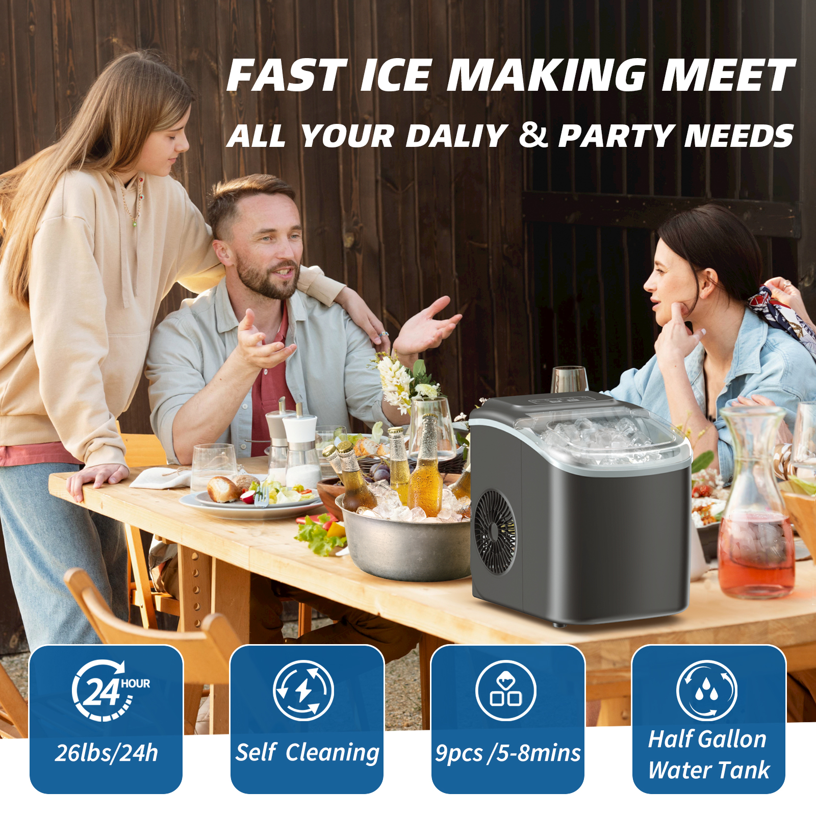 Dimedeal  26 lbs/24H Ice Maker, 9 Bullet Ice in 6 Min, Auto-Cleaning, Countertop Ice Machine