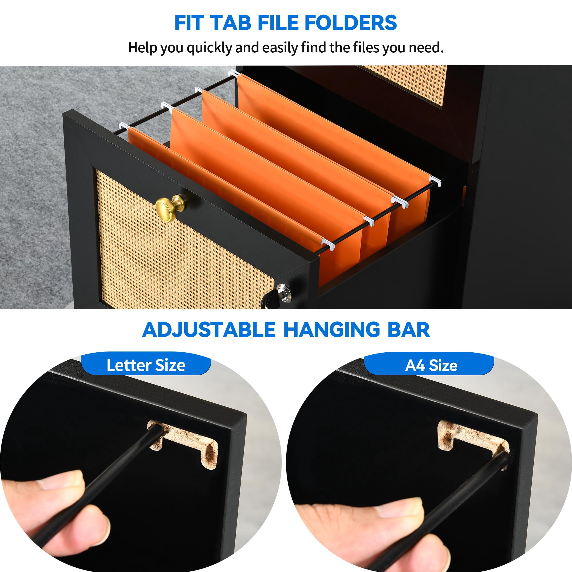 Dextrus Rattan 4-Drawer Wood File Cabinet with Lock,15.82" Deep Vertical Filing Cabinet for Letter A4-Sized Files, Chest Organizer Office Storage, Black