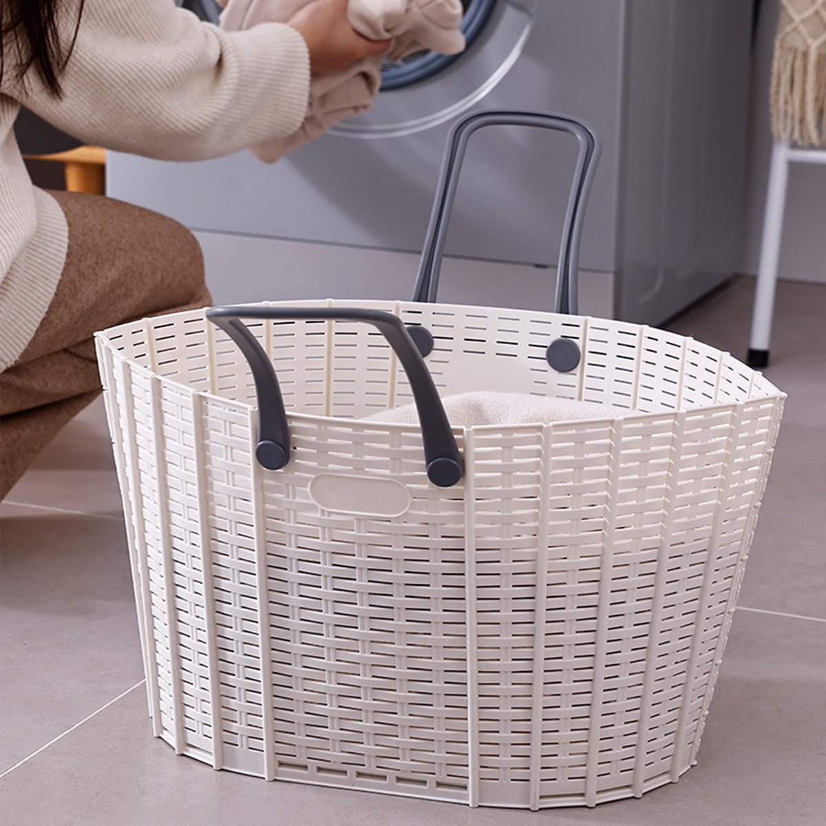 Foldable Laundry Basket, Beige, Plastic, Large Capacity Storage Basket for Bathroom Clothes Organization