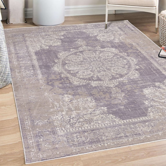 Bohemian Decorative Rug, Mandala Ornament in Grungy Style Abstract Vintage Style Jumble Cultural, Quality Carpet for Bedroom Dorm and Living Room, 6 Sizes, Ceil Blue Taupe Grey, by Ambesonne