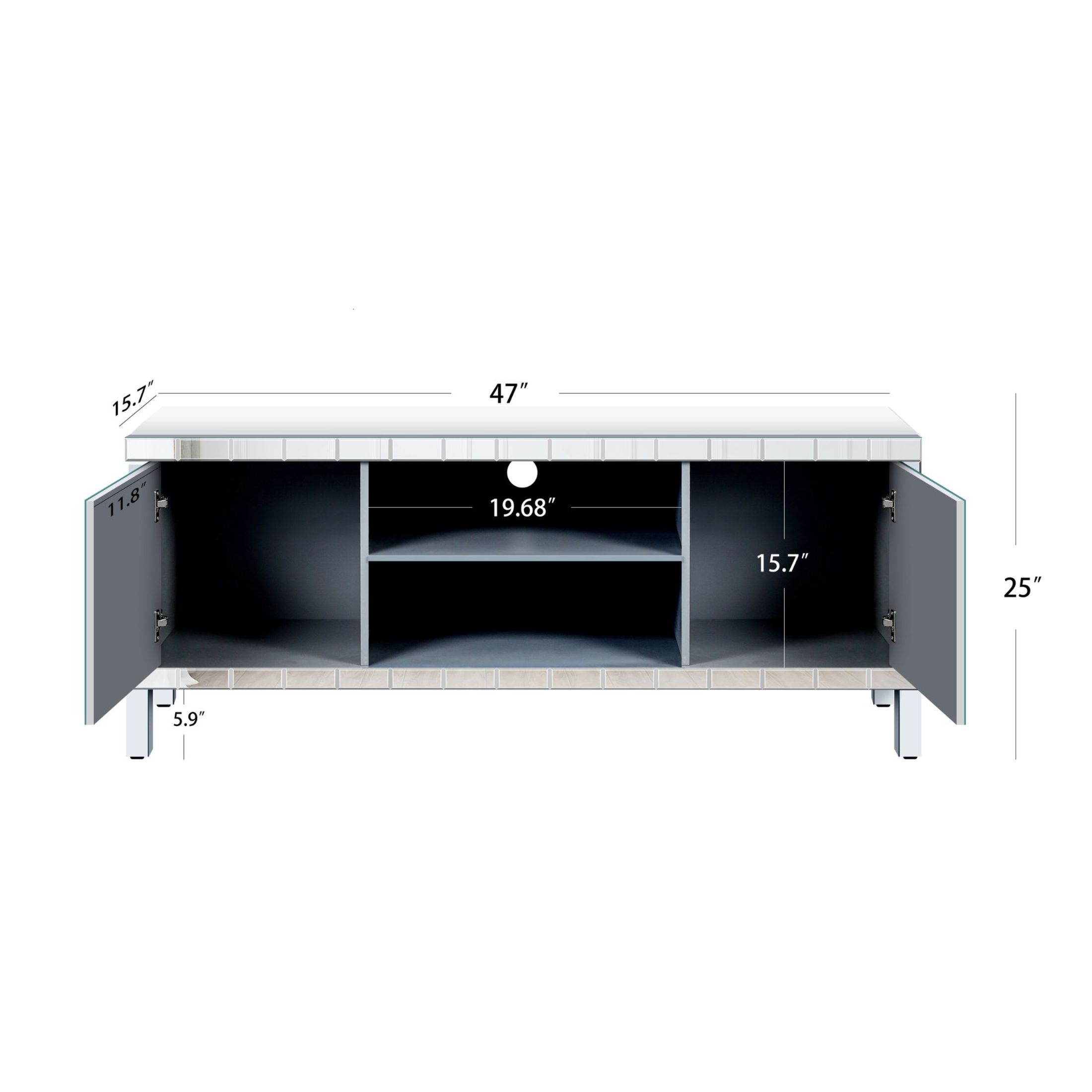 Noble House Mirrored TV Stand, 47" Diamond Glass Door Media Console with Dual Cabinets and Open Storage for 50" TV, Silver