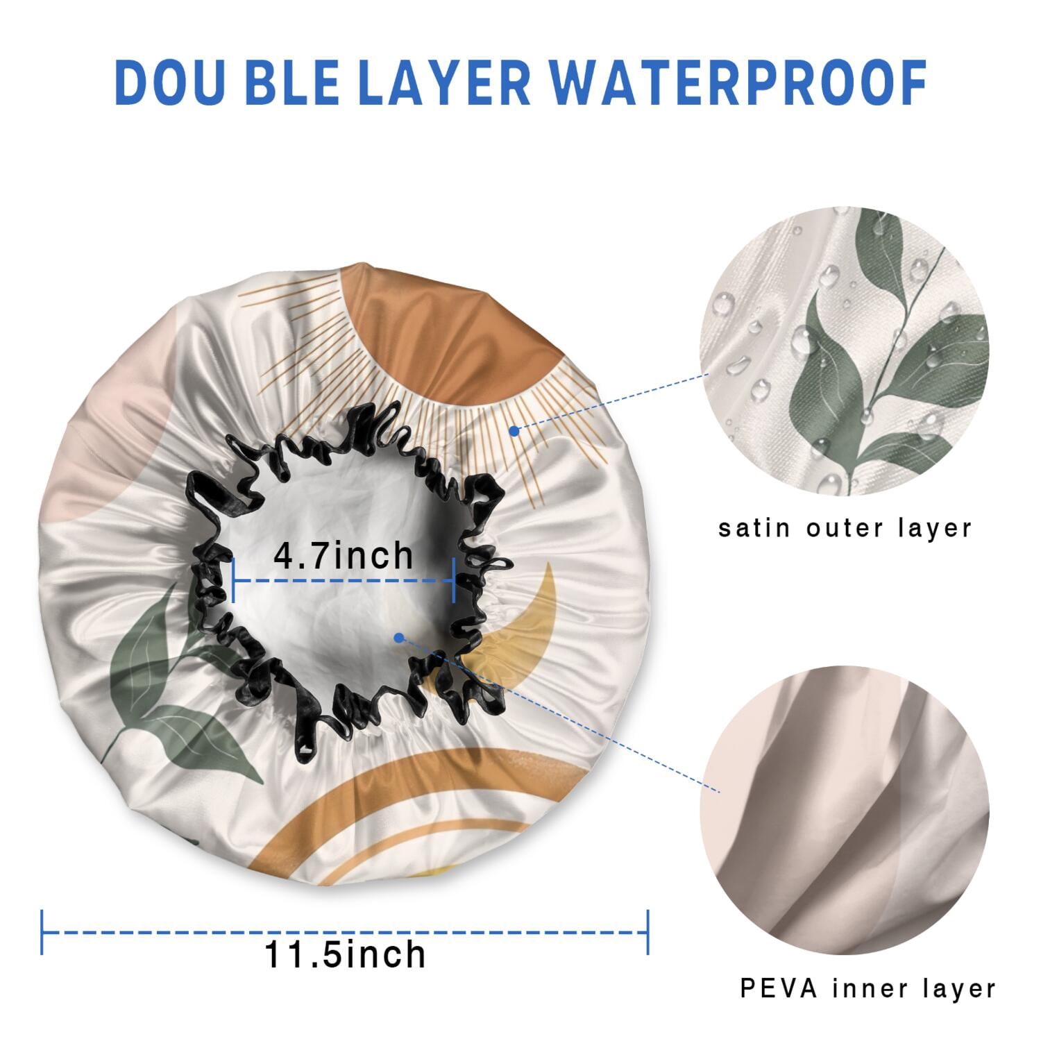 Shower Caps,Brown Boho Sun, Moon and Plant Pattern Waterproof Shower Cap for Women 4 Pieces,Double Reusable Hair Cover for Shower PEVA Elastic Stretch Hem