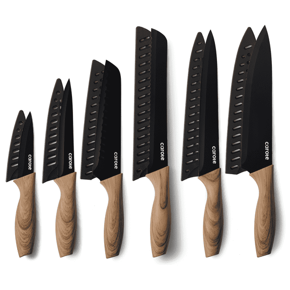 Carote 12Pcs Knife Set with Blade Guards, Black Granite Ceramic Coating, Stainless Steel Blade