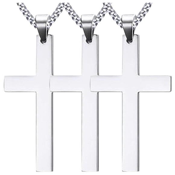 Medalla de la Fe CrossSmoo03 3Pzas Plata Collar Cruz Lisa Dije 2.8x4.9cm Metal.