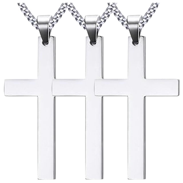 Medalla de la Fe CrossSmoo03 3Pzas Plata Collar Cruz Lisa Dije 2.8x4.9cm Metal.