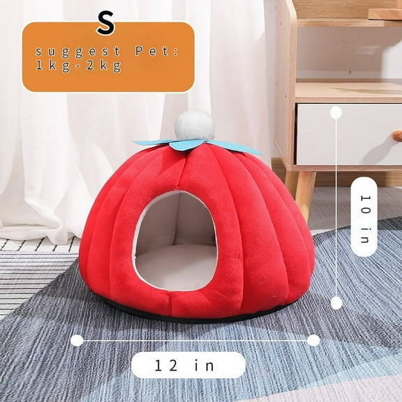 Scmkd Cozy Pet Bed, Warm Cave Nest Sleeping Bed For Cats & Dogs Pumpkin Shape Puppy House For Pets, Red