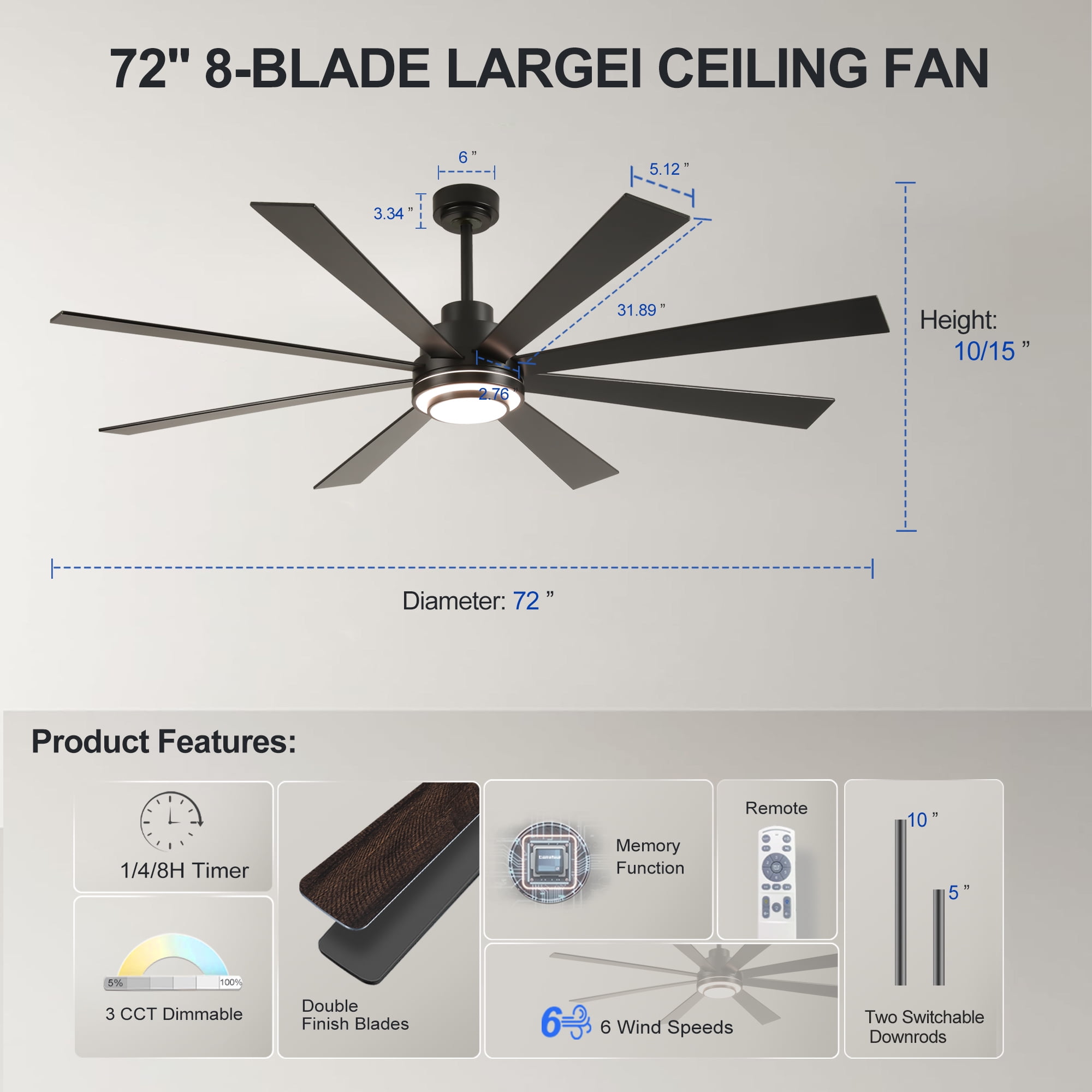 BOFANG 72 in Large Ceiling Fan with Dimmable LED Light and Remote, 8 Blades DC Motor(Matte Black)