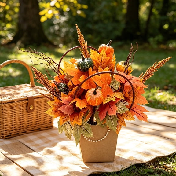 Artificial Autumn Floral Bundles Blended with Faux Pumpkins and Maple Leaves, Thanksgiving Themed Table Centerpieces for Harvest Party Layout/Home Dining Decor/Seasonal Indoor Holiday Setup, Orange