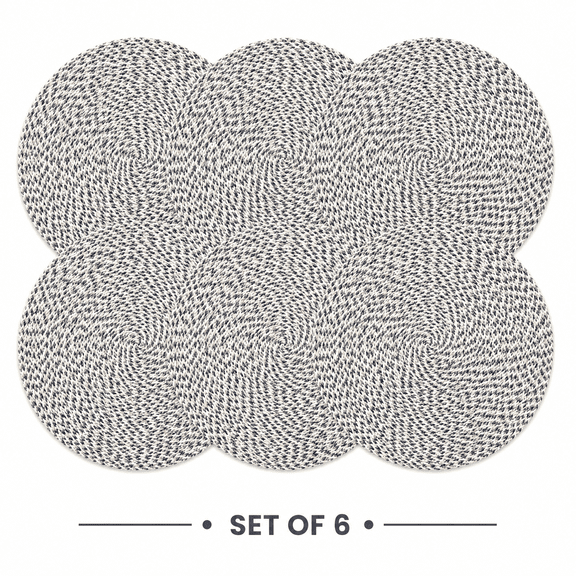 Shyamali Woven Placemats Set of 6, 16 " Round Braided Placemats for Dining Table, Heat-Resistant & Washable, Off White & Charcoal