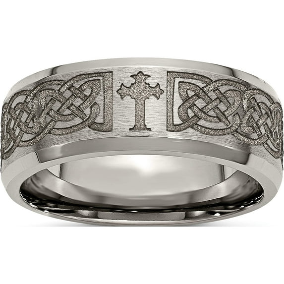 Titanium Brushed & Polished Cross Laser Design 8mm Beveled Edge Band (Size 13) Made In China tb115k-13