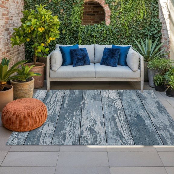 Outdoor Rug, Farmhouse Wood Grain Indoor Area Rug Outdoor Carpet RV Camping Rugs 4x6ft Vintage Rustic Blue Plank Outside Mat for Patio Picnic Porch Deck Balcony Backyard