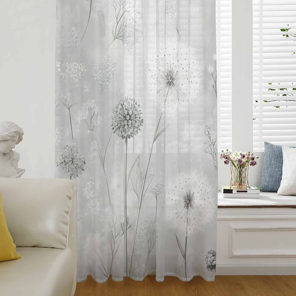 White Green Dandelion Semi Sheer Curtains Drapes for Living Room, Bedroom, French Doors Window 63 Inches Long, Grey Floral Leaves Rod Pocket Chiffon Curtain Drapery Voile Draperies Panel