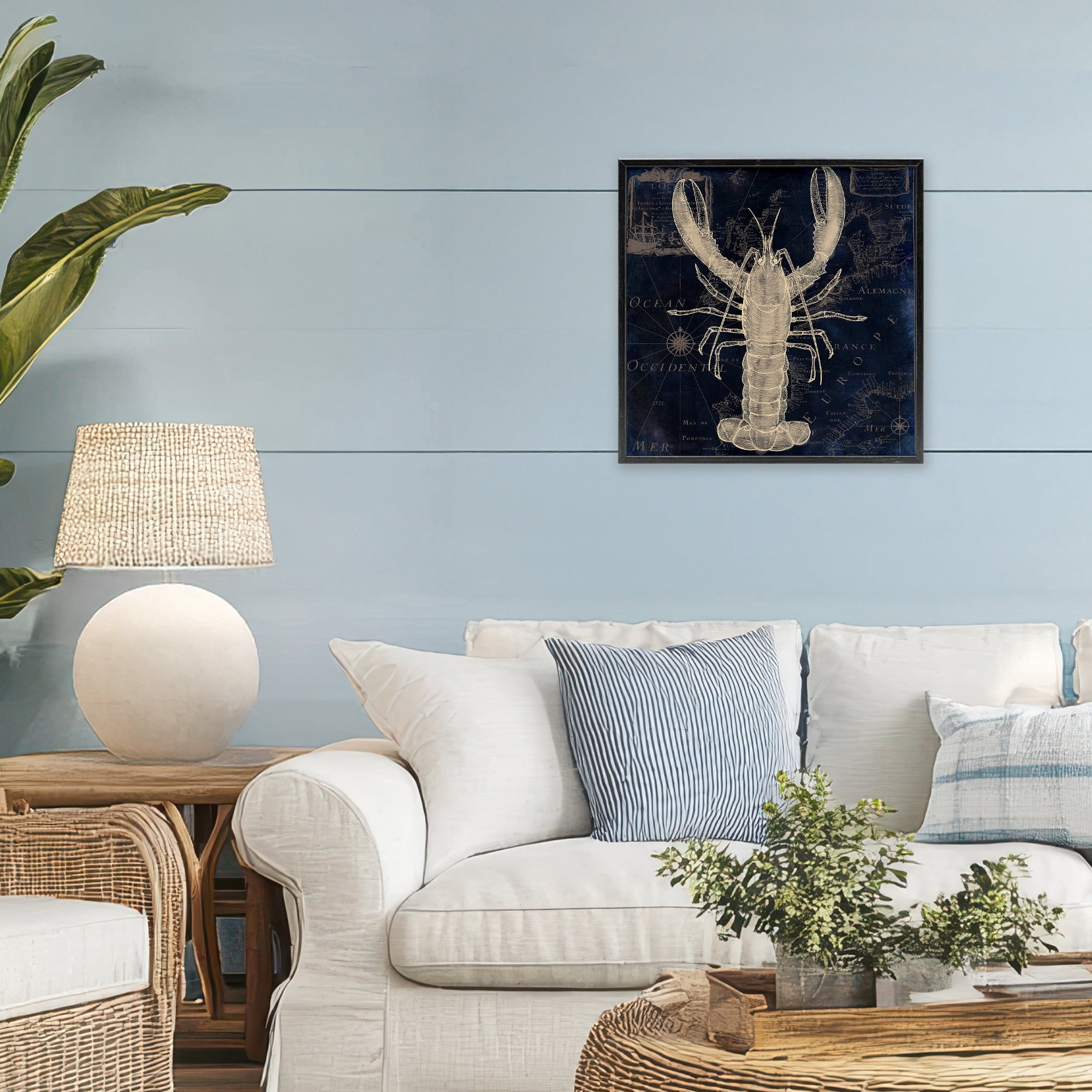 Lobster Contour over Map Black Framed Giclee Art, design by Sasha