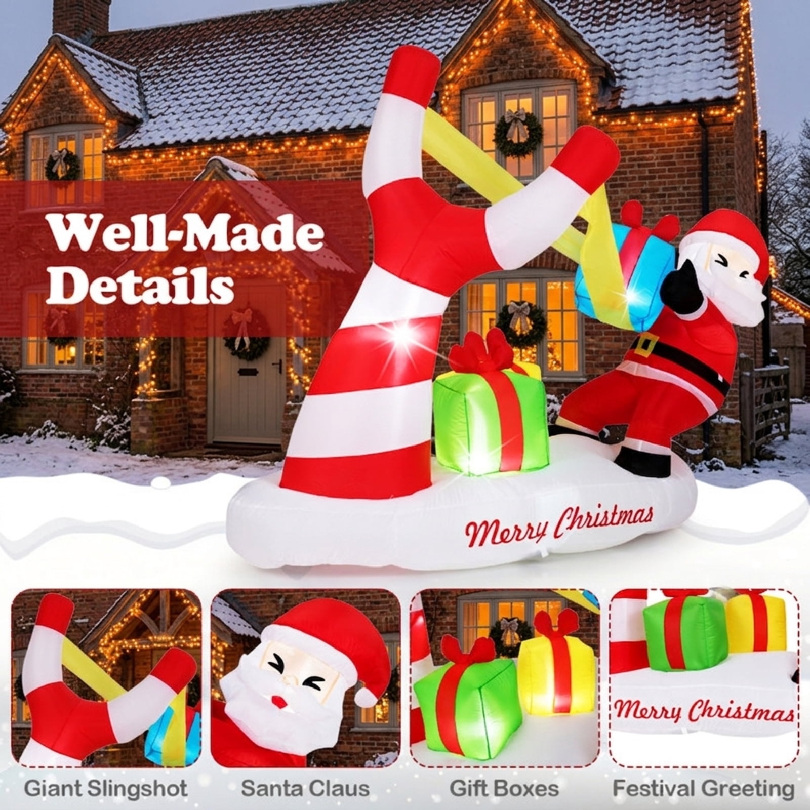 RUIE 7 FT Christmas Inflatables Santa with Slingshot, Blow Up Santa with Gift Boxes and LED Lights, Outdoor Yard Decor for Lawn Garden - Multicolor