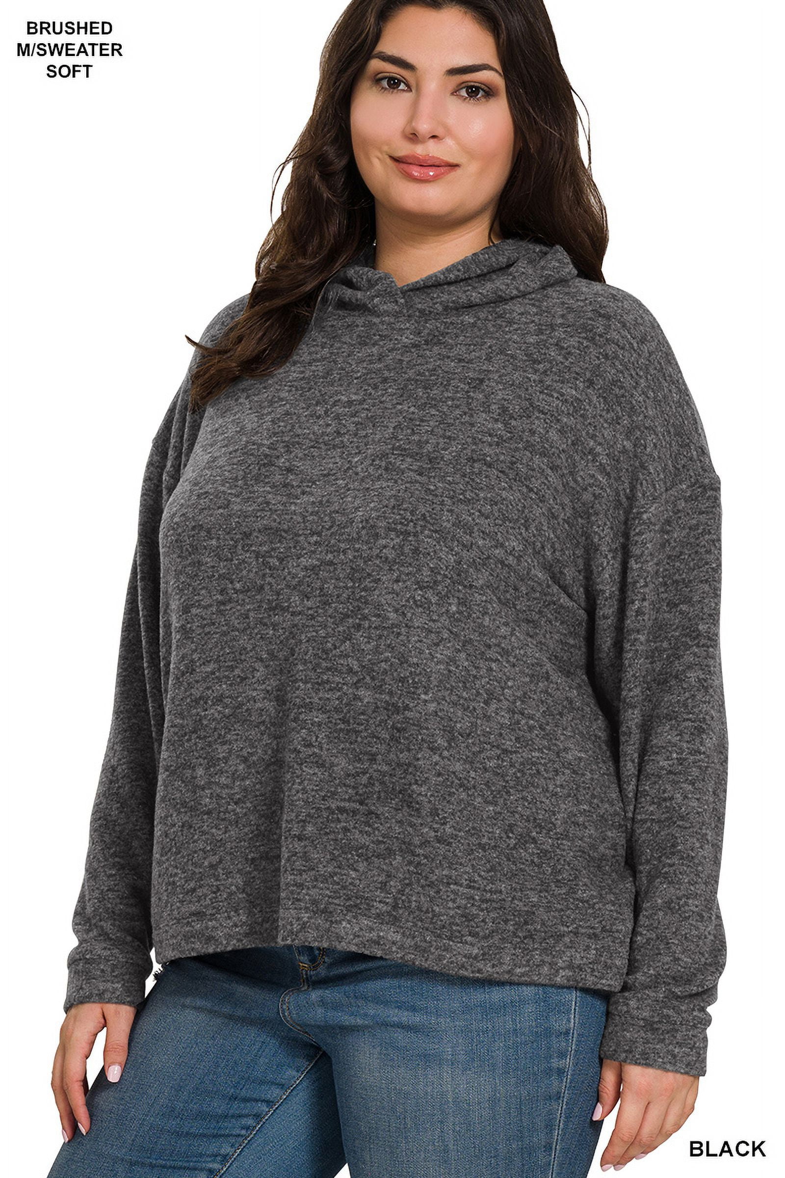 Zenana Women's Plus Size Casual Hooded Brushed Melange Hacci Relaxed Fit Light Sweater