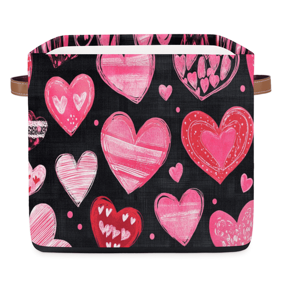 CURLYOOT 13 x 13 Inch Cube Storage Bin, Valentine's Day Red Pinks Heart Fabric Storage Cube Baskets, Closet Shelves Foldable Bins with Leather Handles for Home Organizer