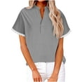 thumbnail image 4 of GigrtiJin Womens V-Neck Lace Patchwork Tops Solid Color Linen Short Sleeved Blouse Summer Cotton Comfy Shirt, 4 of 8