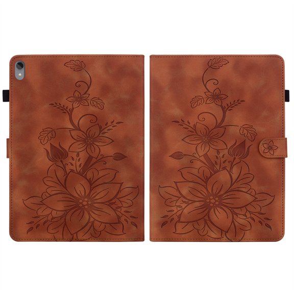 FJLBDE Case for Lenovo Tab P11 11.0 Inch TB-J606F, Embossed Flower PU Leather Flip Wallet Folio Stand Cover, Brown