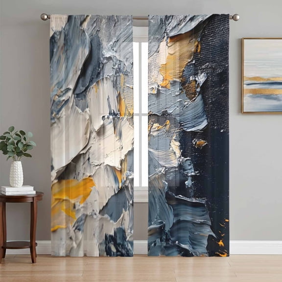 Abstract Ombre Sheer Curtains 96 Inch Length 2 Panels Set, Modern Farmhouse Chic Oil Painting Voile Window Treatment Semi Sheer Long Curtains Drapes for Bedroom/Living Room/Kitchen 52"x96"x2