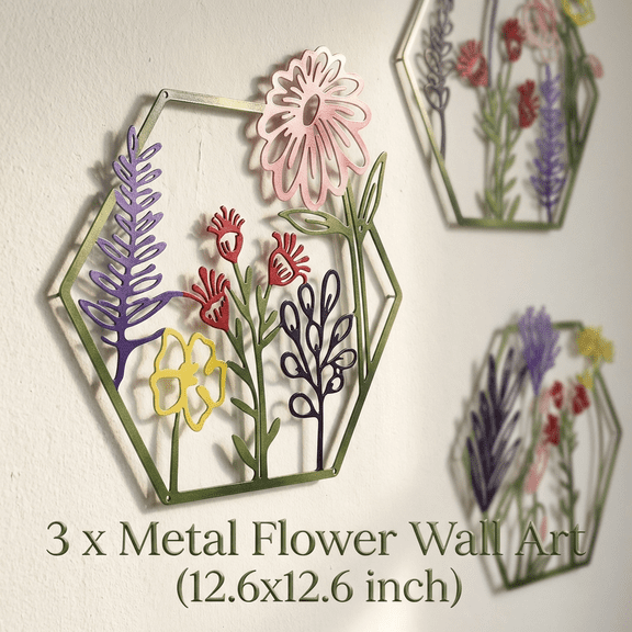3 Pcs Metal Flower Wall Art Minimalist Floral Wall Hanging Decor for Living Room Bathroom Kitchen Indoor Outdoor