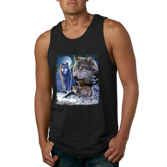 Wolves and the Moon in the Winter Night | Mens Animal Lover Graphic Tank Top, Black, Small