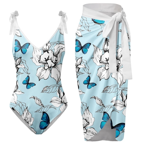 Gibobby Trajes de Baño Mujer Completo Traje de baño con estampado de flores y cuello en V para mujer Conjuntos de bikini con falda y delantal(Azul,XL)