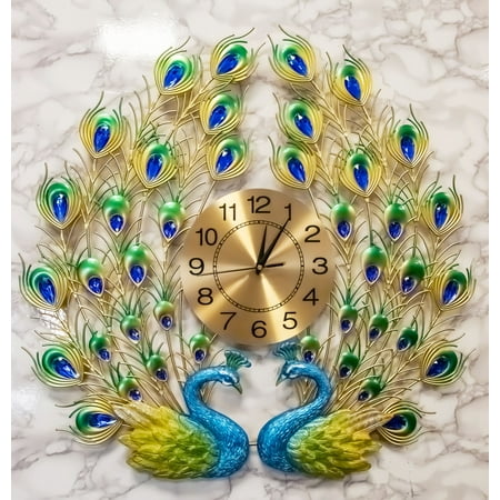 25H Large Valentine Lover Peacocks Iris Gold Plated Colorful Metal Wall Clock