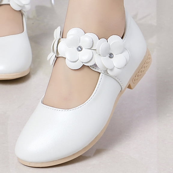 Pretyzoom 1 Pair Girls Dress Up Shoes White Artificial PU Round Toe Anti-slip Casual Daily Walking