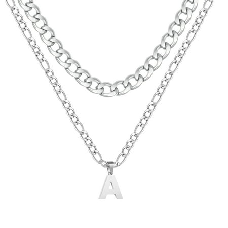 Apsvo Silver Initial Letter A-Z Pendant Necklace for Men Layered Cuban Figaro Stainless Steel Personalized Chain Necklace Jewelry Christmas Valentine's Day Birthday Gift for Men