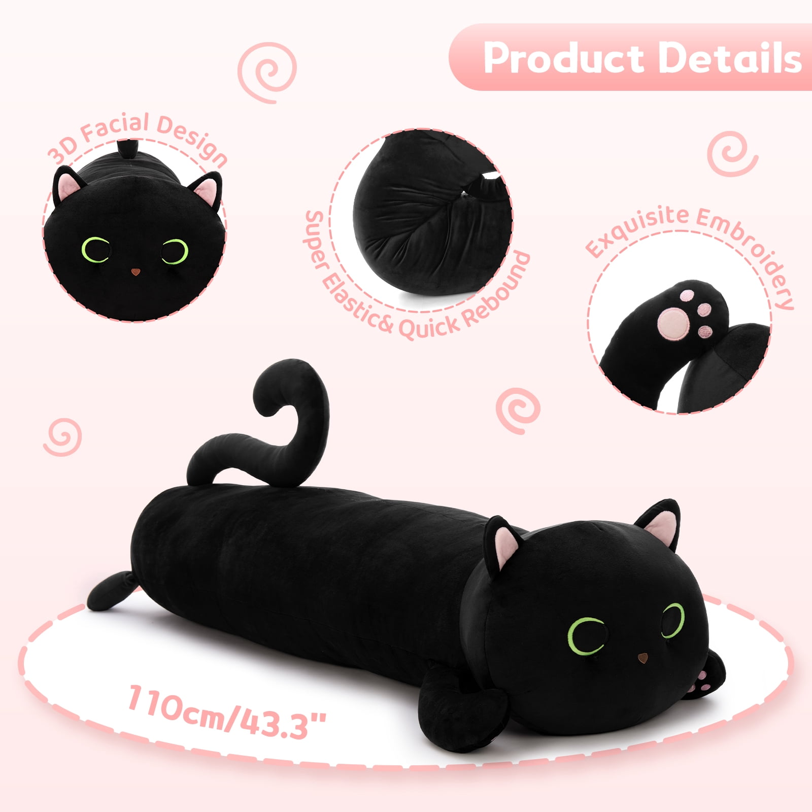 MaoGoLan Black Cat Plush Body Pillow 44'' Giant Glow in The Dark Cat Stuffed Animal Toy
