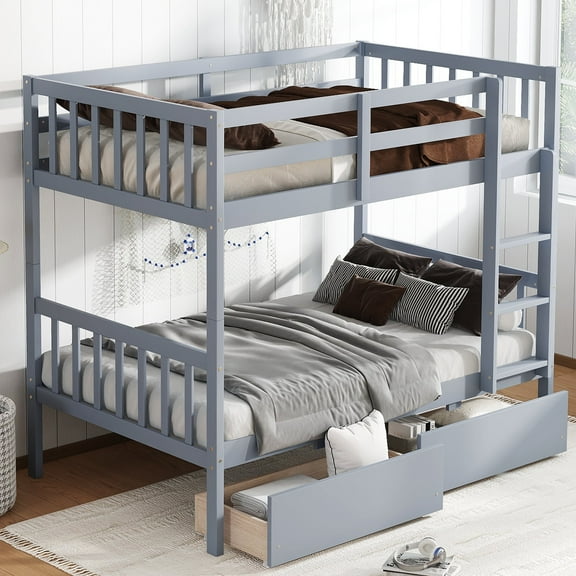 [Luckynote]Twin Over Twin Rubber Wood Bunk Bed with 2 Drawers, Convertible into 2 Twin Beds, Twin Size Bunk Bed with Ladder and Safety Guardrails ,Grey