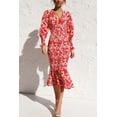 thumbnail image 3 of AURA Women V Neck Floral Midi Dress Long Sleeve Elastic Waist, Ruffle Trim Spring S-XXL, 3 of 7