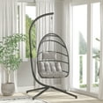 thumbnail image 4 of Merrick Lane Foldable Woven Hanging Egg Chair in Gray with Removable Gray Cushions and Stand for Indoor and Outdoor Use, 4 of 15